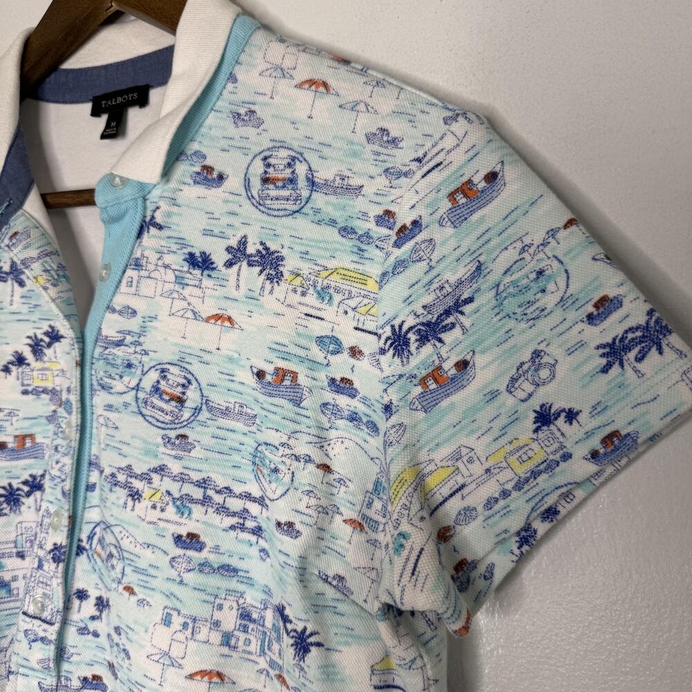 Talbots Dress Womens Medium Blue Scenic Nautical Polo Shirt Dress Short Sleeve